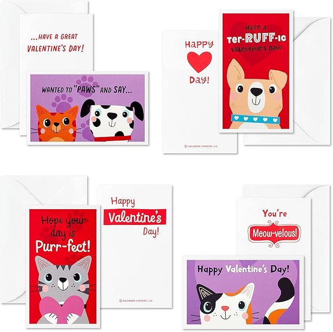 Hallmark Cats and Dogs Valentines Day Cards and Mailbox for Kids School Classroom Exchange (1 Box, 32 Valentine Cards, 1 Teacher Card)