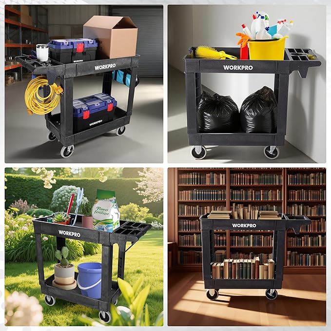 WORKPRO 2-Tier Utility Service Cart, 500 lbs Capacity Rolling Tool Cart with 360° Swivel Locking Casters, 39"x17"x33" PP Plastic Work Cart for Garage, Home, Warehouse