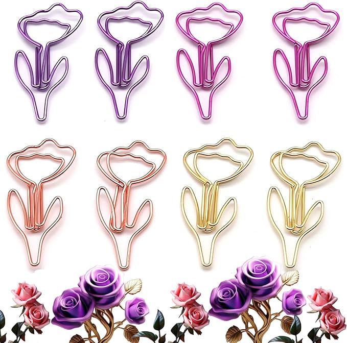 24 Pcs Metal Paper Clips Set - Multicolored Rose-Shaped Cute Paperclips for School and Office File Organization, Suitable for Party and Wedding Decor