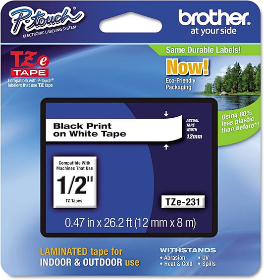 Brother TZE231 Laminated Labeling Tape, for TZ Models, 1/2-Inch, Black/White