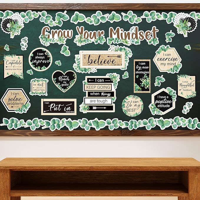 42Pcs Grow Your Mindset Bulletin Board Set Eucalyptus Leaves Greenery Paper Cutouts with 100Pcs Glue Points for Back to School Party Classroom Craft Wall Decor