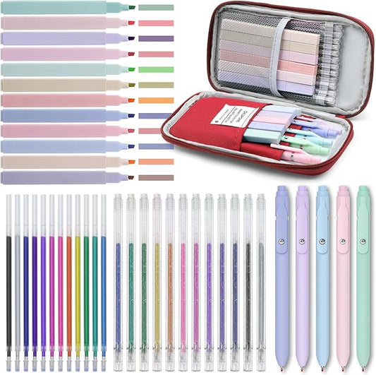 42 Pack Gel Pens for Coloring Books, 5 Gel Pens 0.5mm Black Ink, 12 Vibrant Sparkle Metallic Glitter Pens with 12 extra refills for enduring use, 12 Pastel Highlighters for Man Woman(Red)