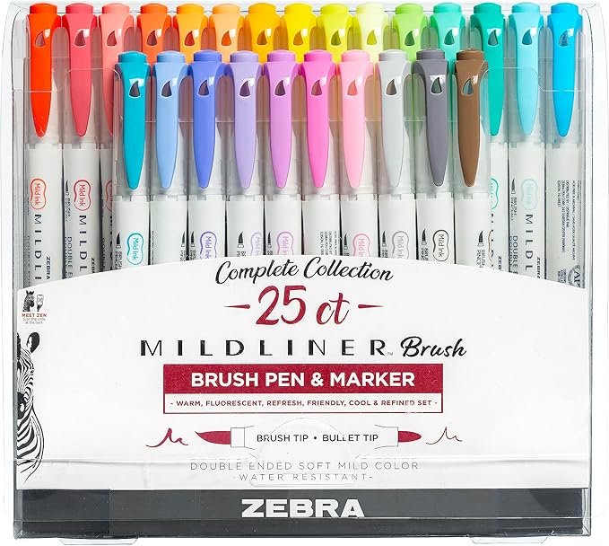 Zebra Pen, Mildliner Dual-Ended Brush Pens, 25 Assorted Colors, Soft Mild Ink, Brush and Fine Bullet Tips, No Bleed-Through Pigment Ink for Journaling, Calligraphy, Planners, Art, 25-Pack (79125)