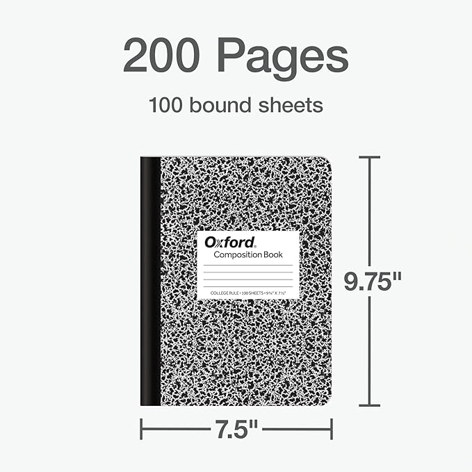 Oxford Composition Notebooks, 9-3/4 x 7-1/2 Inch School Journals, College Ruled Paper, Black Marble Covers, 100 Sheets per Book, 2 Pack (1002515)