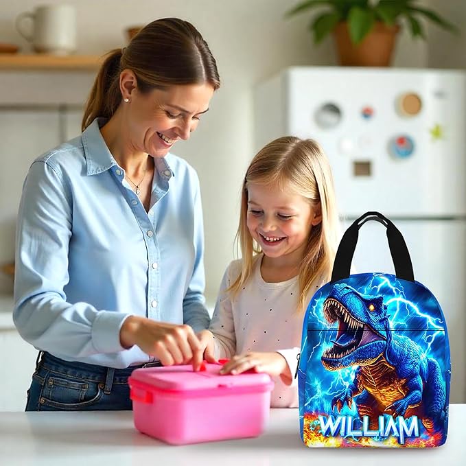 Dinosaur Backpack for Boys Personalized Name Bookbag Back to School Custom Kids Backpacks with Lunch Box for Elementary Middle School Blue