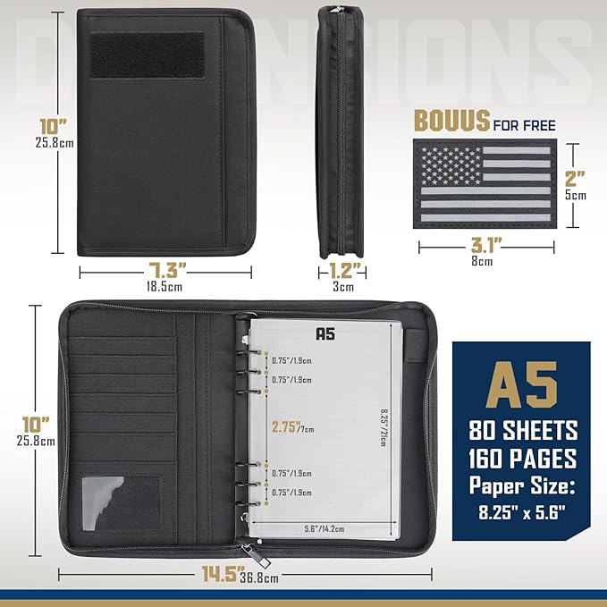 WYNEX Tactical Notebook Padfolio Ring Binder - Refillable A5 6-Ring Binder, Zip Hardcover Notebook with 80 Pages, Water-Resistant Notebook Cover for Planners, College, Office, Field, Gift