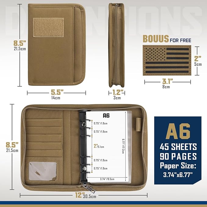 WYNEX Tactical Notebook Padfolio Ring Binder - Refillable 6-Ring A6 Binder, Zip Hardcover Notebook with 45 Pages, Water-Resistant Notebook Cover for Planners, College, Office, Field, Gift