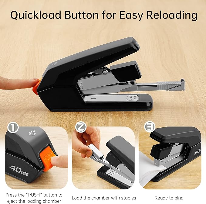 Deli Effortless Desktop Stapler, Heavy Duty Stapler, 40-50 Sheet Capacity, One Finger, No Effort, Includes Staples & Staple Remover, Black