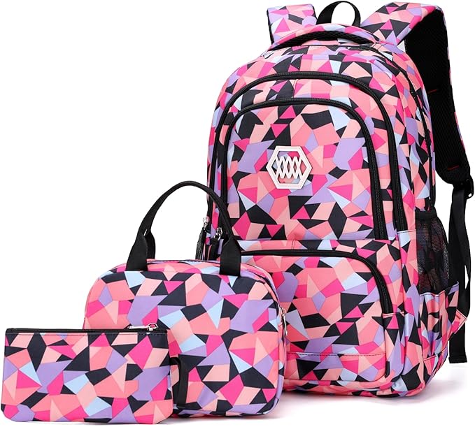 3Pcs Geometric Print Girls Backpack and Lunch Bag Set for Kids Elmentary Middle School Bags Bookbag