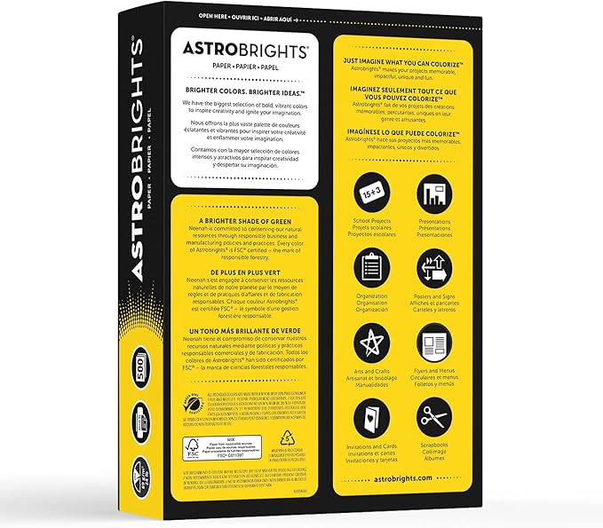Neenah Astrobrights Bright Color Paper, 8 1/2in. x 11in., 24 Lb, FSC Certified, Solar Yellow, Ream Of 500 Sheets, 21538