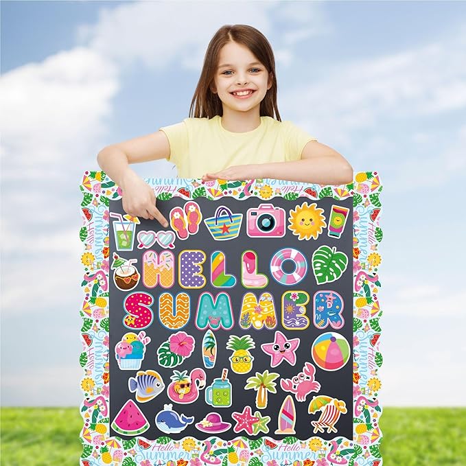 73 Pcs Hello Summer Cutouts for Bulletin Board Decorations - Hawaiian Tropical Paper CutOuts Summer Pool Beach Bulletin Board Border Wall Decals for Kids Teacher Supplies Classroom School Kindergarten