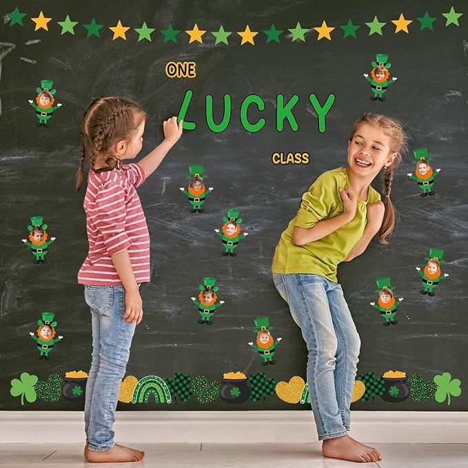 108 Pcs St. Patrick's Day Bulletin Board Sets One Lucky Class St. Patrick's Day Leprechaun Classroom Bulletin Board for Irish Holiday Party Supplies Home Classroom Chalkboard Wall Door Decor