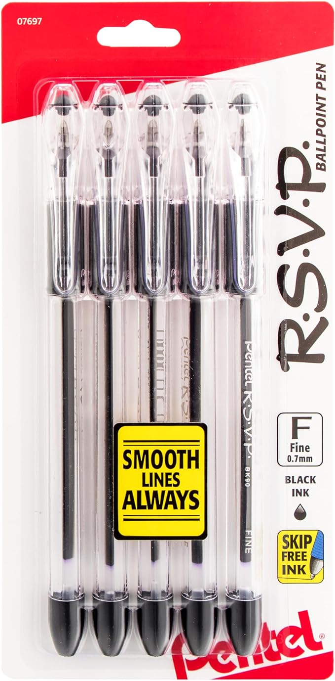 Pentel RSVP Ballpoint Pen, (0.7mm), Fine Line, Black Ink, Pack of 5 (BK90PF5A)