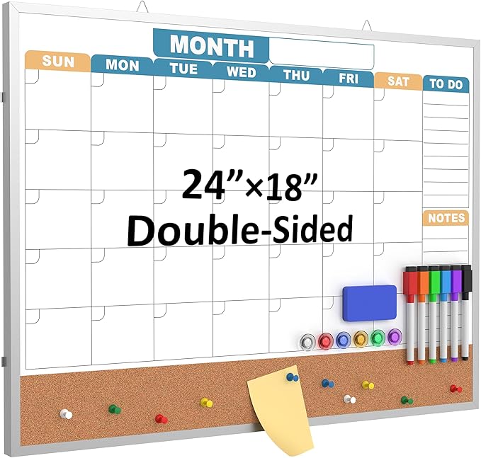 Monthly Calendar Dry Erase Board 24x18 Inch, Double-Sided Whiteboard and Corkboard Combo with Silver Aluminum Frame (Color Calendar), Wall Mounted Planner with Marker, Magnet, Push Pin, Eraser