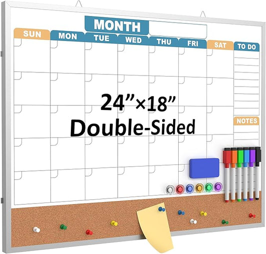 Monthly Calendar Dry Erase Board 24x18 Inch, Double-Sided Whiteboard and Corkboard Combo with Silver Aluminum Frame (Color Calendar), Wall Mounted Planner with Marker, Magnet, Push Pin, Eraser
