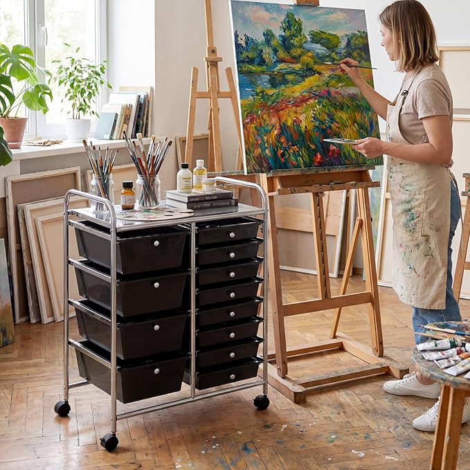 COSTWAY 12 Drawer Rolling Storage Cart, Mobile Utility Cart with Metal Frame, Art Supply Craft Organizer, Multipurpose Storage Organizer for Paper, Office, School Teacher, Classroom, Black