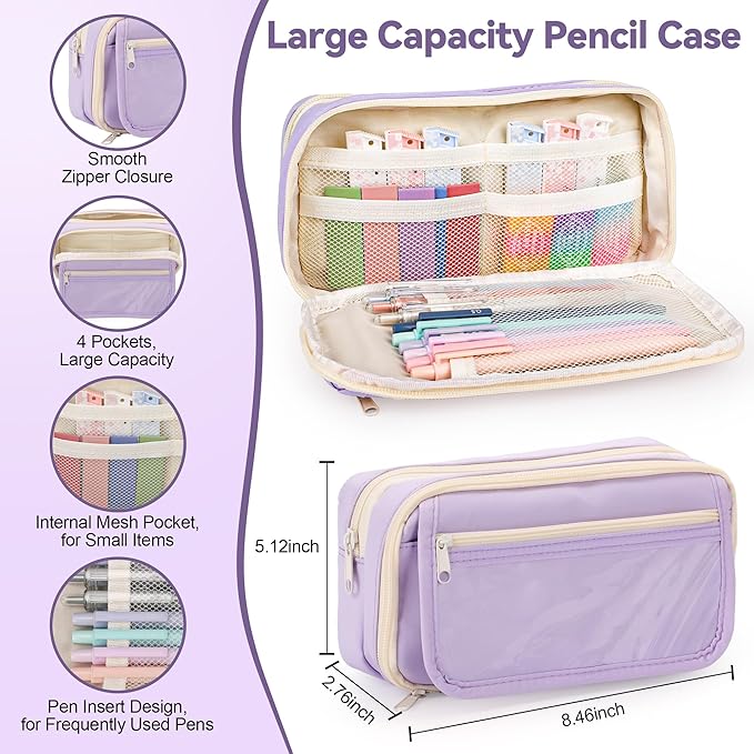 61 PCS Aesthetic School Supplies with Cute Pen Case, Pastel No Bleed Highlighters, Gel & Erasable Pens, Mechanical Pencils, Refills, Complete Essentials Stationery Kit for Students (Purple)