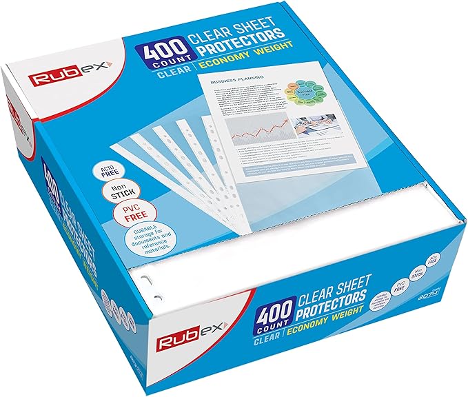 Rubex Sheet Protectors 8.5 x 11 inch Clear Page Protectors Plastic Sleeves Reinforced 11 Hole fit for 3 Ring Binder Top Loading 9.25 x 11.25 inch (400 Sheets)