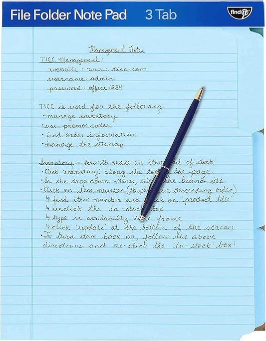 Find It File Folder Notepad - Pack of 36-9.5 x 12.5 Inch Notebook Organizer Folders for Filing, Document, and Clipboard Organization - Blue