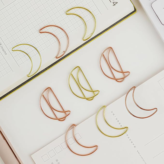 30 Pcs Moon Shaped Paper Clips Set in Gold & Rose Gold, Metal Cute Paperclips Bookmarks Planner for Office and School File Organization, Party and Wedding Decor