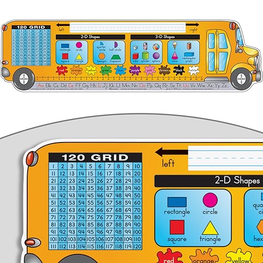 Really Good Stuff 24PK Zaner-Bloser Bus Shaped Self-Adhesive Vinyl Desktop Reference Nameplate with Alphabet, Numbers, 2-D 3-D Shapes, Colors, Left Right Directions, Number Line, 120-Grid
