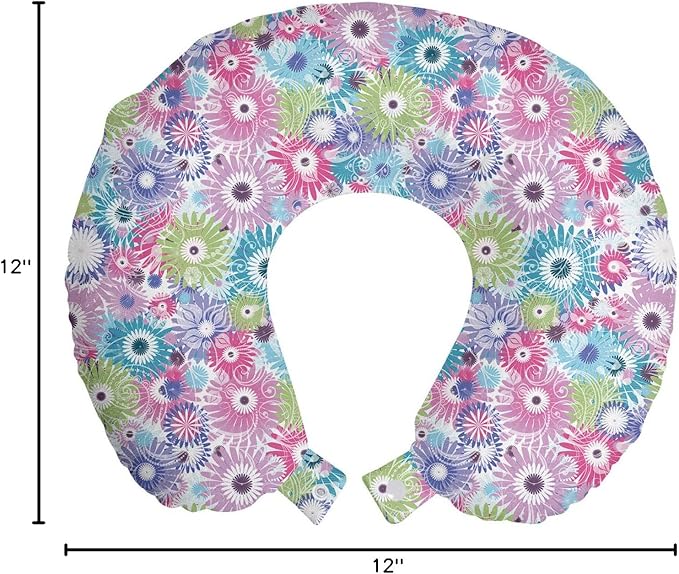 Ambesonne Floral Travel Pillow Neck Rest, Colorful Pastel Pattern with Flowers and Vintage Curls Ornate Style Gerbera Daisies, Memory Foam Traveling Accessory for Airplane and Car, 12", Purple Green