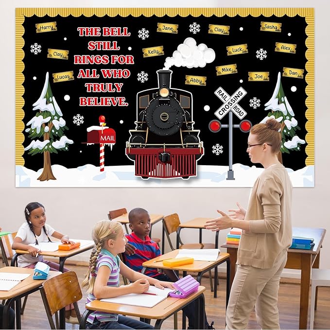 Christmas Train Bulletin Board Decoration Set Christmas Polar Golden Tickets Name Tag Xmas Movie Train Theme Cutouts for Classroom School Home Chalkboard Office Winter Holiday Party Decor Supplies