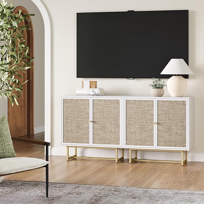 Nathan James Kova Rattan Wood Accent Natural Sideboard Storage Cabinet TV Stand with Matte Metal Frame, Adjustable Shelves and Cane Doors, for Hallway, or Living Room, White/Cane/Brass, Set of 2