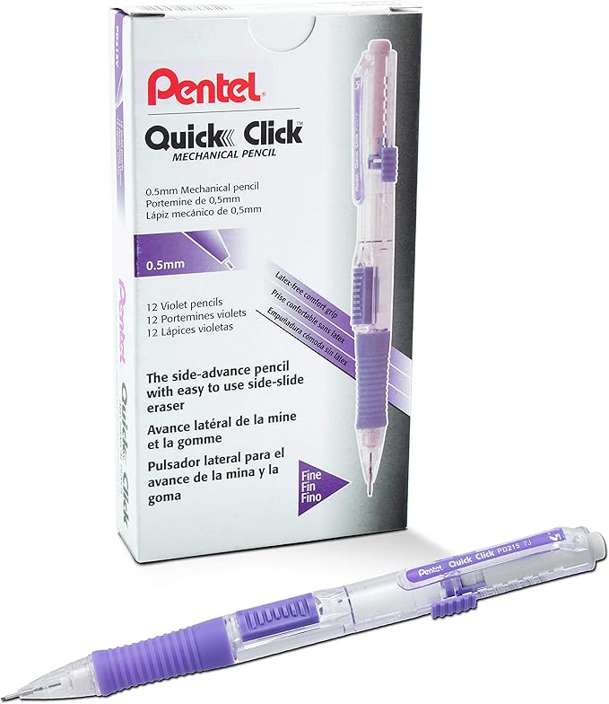 Pentel QUICK CLICK Mechanical Pencil (0.5mm), Violet Barrel, Box of 12 Pencils (PD215V)