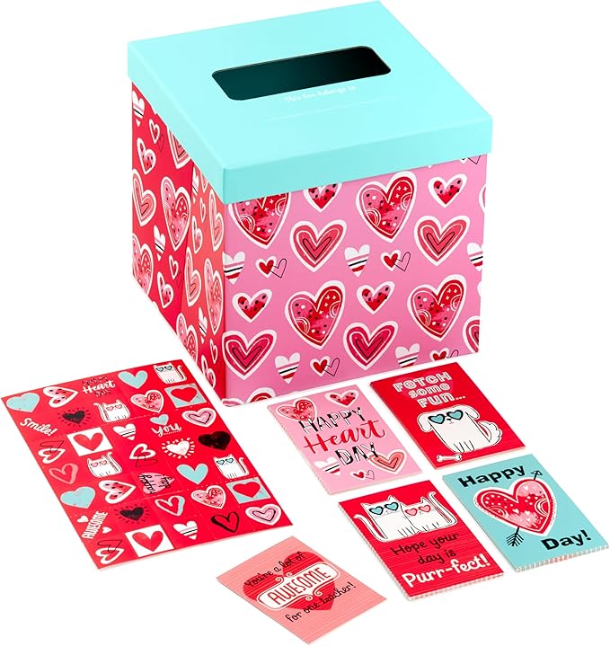 Hallmark Valentines Day Cards and Mailbox for Kids School Classroom Exchange, Doodle Hearts (1 Box, 32 Valentine Cards, 35 Stickers, 1 Teacher Card)