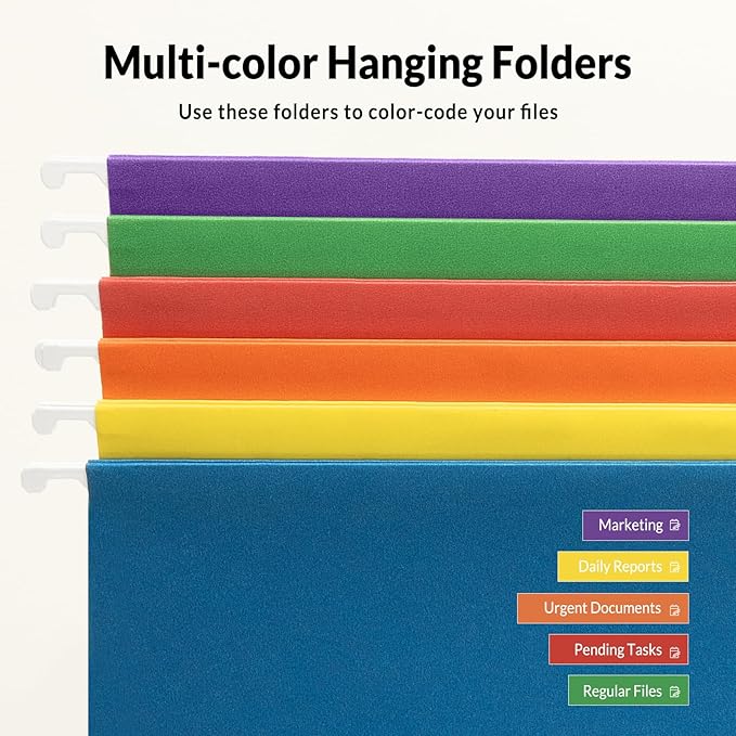 SUNEE Hanging File Folders, 6 Pack Letter Size Hanging File Folders with 1/5-Cut Tabs, Ideal for Home and Office Organization and Papers Classification,Assorted Colors