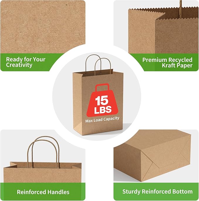 Simple Deluxe Value Pack of 50 Kraft Paper Bags with Handles (10x5x13 Inch) - Made in USA from 90GSM 100% Recycled Paper for Retail, Bulk Savings for Retail, Stores & Gift Packaging