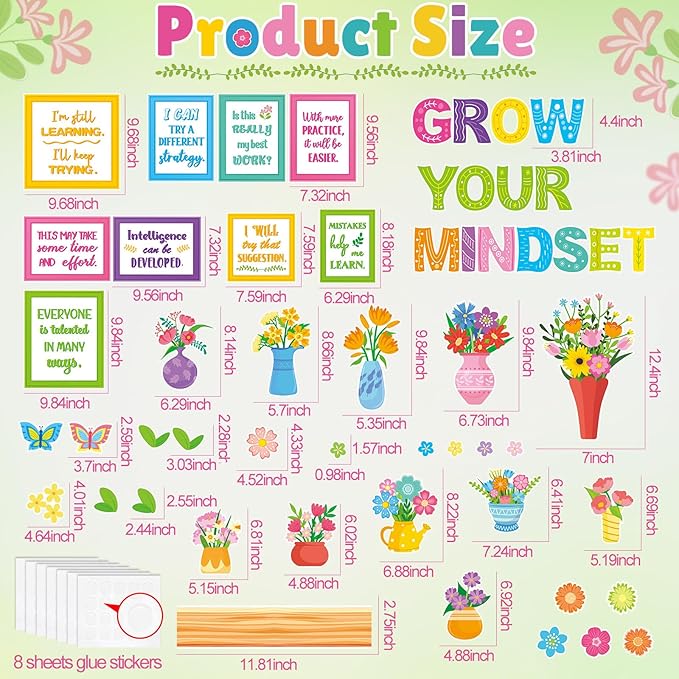 Qilery Grow Your Mindset Bulletin Board Set Spring Floral Classroom Decorations - Motivational Potted Plant Flower Cutouts for Teachers - Positive Affirmations Wall Art for Elementary School Counselor