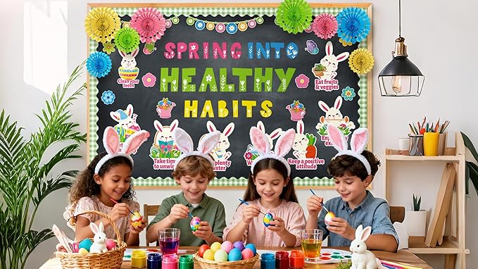 Spring Health Bulletin Board Decorations Spring into Healthy Habits Classroom Bulletin Board Set with 3D Paper Fans Easter Bunny Health Cutouts for School Home Door Wall Chalkboard Decor