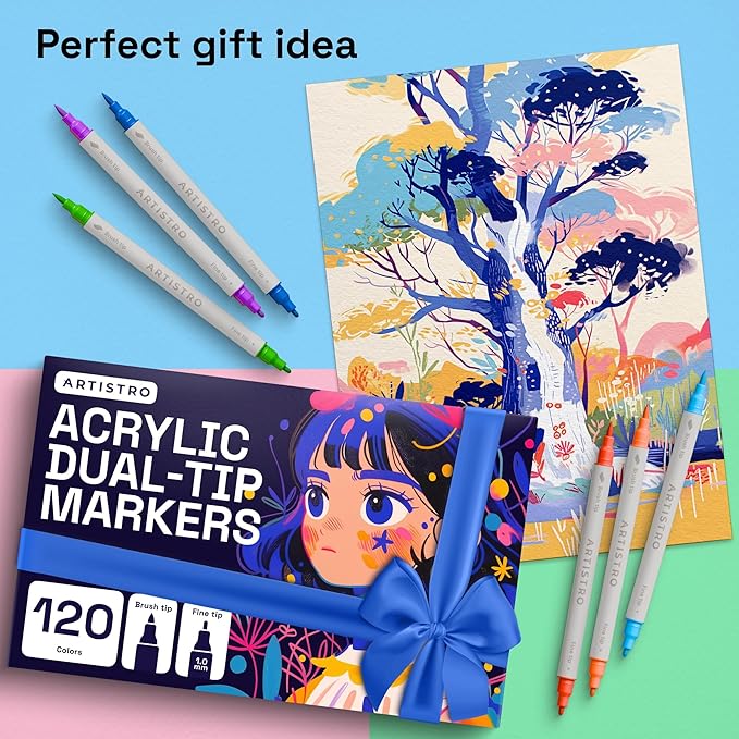 ARTISTRO 120 Acrylic Paint Markers - Paint Pens for Calligraphy, Brush + Fine Tips - For Fabric, Rock, Glass, Wood, DIY, Craft, Canvas - Art and Craft Supplies for Adults, Teens, Kids