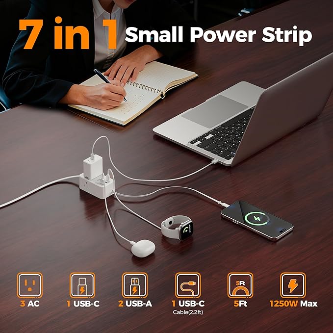 TESSAN Small Flat Plug Power Strip with 1 PD20W Retractable USB C Cable, Ultra Thin Extension Cord with 3 AC Outlets 3 USB Ports, 5 ft Slim Plug for Cruise Ship Travel, Dorm, Home Office