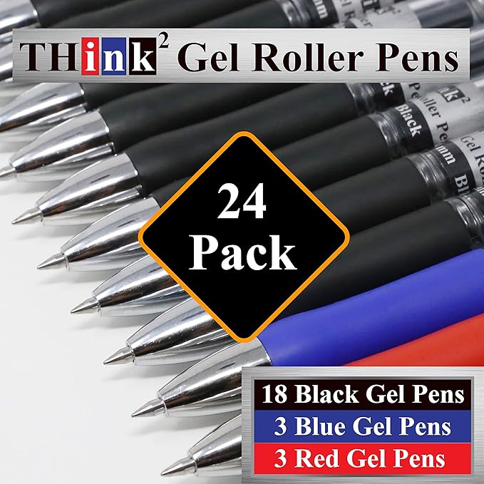 [24 Pens - 3 Colors] Think2 Retractable Gel Pens. (18 Black, 3 Red, 3 Blue) Fine Point (0.5mm) Rollerball Pens with Comfort Grip.