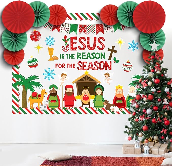 Eersida Spring Bulletin Board Decorations with Paper Fans St Patricks Day 3D Classroom Bulletin Board Christian Easter Flower Bunny Cutouts School VBS Library Church Window Wall Decor(Nativity)