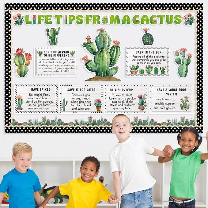 party greeting Cactus Bulletin Board Set Motivational Classroom Decorations Greenery Succulent Paper Cutouts Plant Bulletin Board Border for Back to School Wall Door Decor Class Must Have Supplies