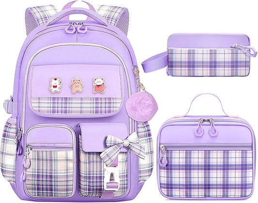 3PCS Girls Backpack Set for School - Cute Kids Bookbag with Lunch Box & Pencil Case, Stylish Backpack Combo for Girls Preschool Elementary Middle High School Students Teens Purple