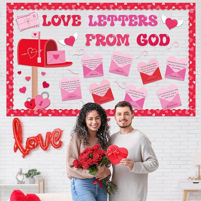 Valentine's Day Christian Bulletin Board Set Religious Mailbox Classroom Decor Bible Verse Inspirational Quotes Love Letters Cutouts Heart Bulletin Board Border for Sunday School Church VBS Wall Decor