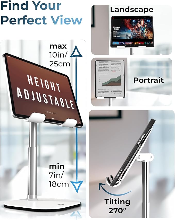COOPER TabHolder, 7-10" Height Adjustable Tablet Stand, Premium iPad Stand for Desk, 270° Tilt iPad Holder for Desk, Tablet Holder, 15.6-17" Portable Monitor Support (Black)