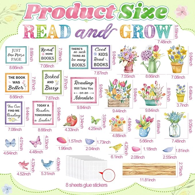 Qilery Read and Grow Spring Bulletin Board Set Classroom Decorations - Floral Book Cutouts for Reading Corner Library - Motivational Literacy Wall Art for Elementary School Teachers & Counselors