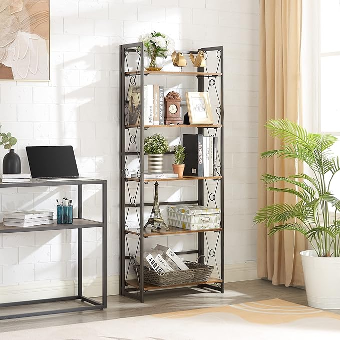 VECELO Folding Bookshelf 5-Tier,Industrial Metal Frame & Wood Shelves,Foldable Bookcase Easy Assembly Free Standing Tall Storage Organizer for Living Room,Office,Bedroom