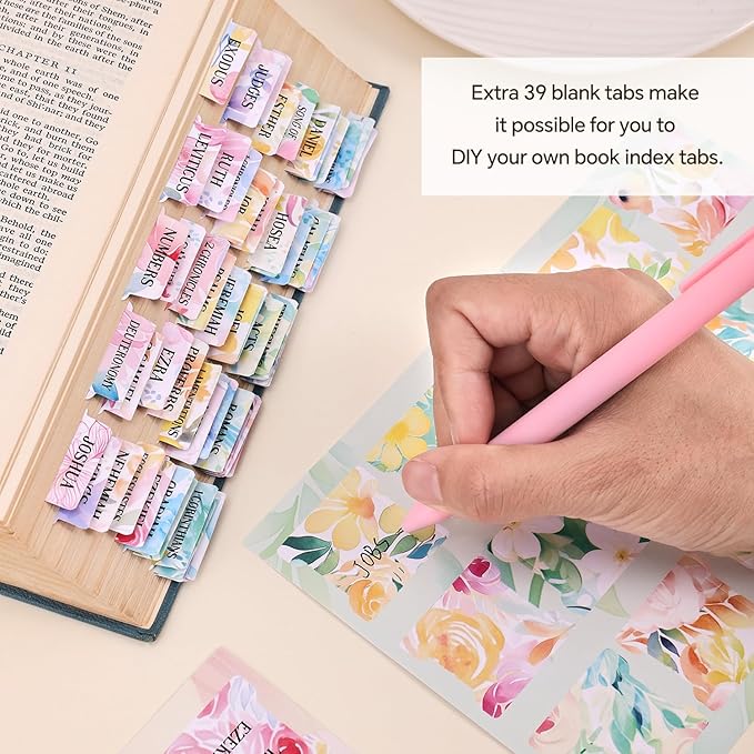 Bible Tabs for Women, 66 Large Print Laminated Bibles Chapters Index Tabs and 39 Blank Dividers Sticky Labels, Cute Beauty Bloom Bible Study Supplies, Journaling Accessories, Christian Gifts for Men