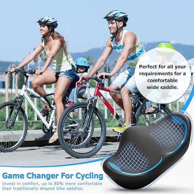 Noseless Oversized Bike Seat for Men Women Comfort, Extra Wide Padded Bicycle Seat Cushion, Large Comfortable Bike Saddle for Peloton, Stationary Exercise Bike, Beach Cruiser, City Bike, Ebike