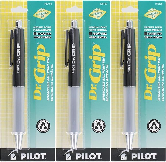 Pilot Dr.Grip Retractable Ball Point Pen, Medium Point, Black Ink - Pack of 3 (Black)