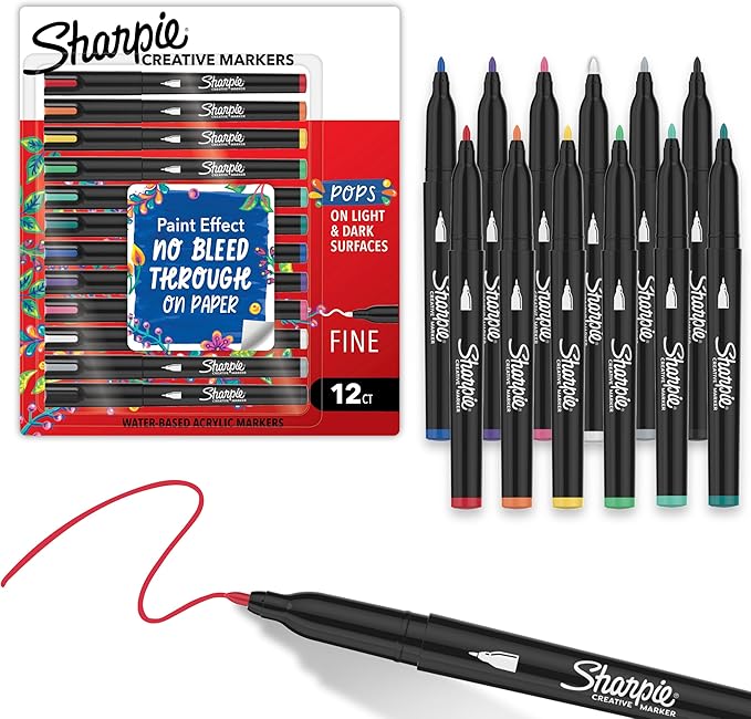 Sharpie Creative Markers, Water-Based Acrylic Paint Markers, Fine Tip, Assorted, 12 Count