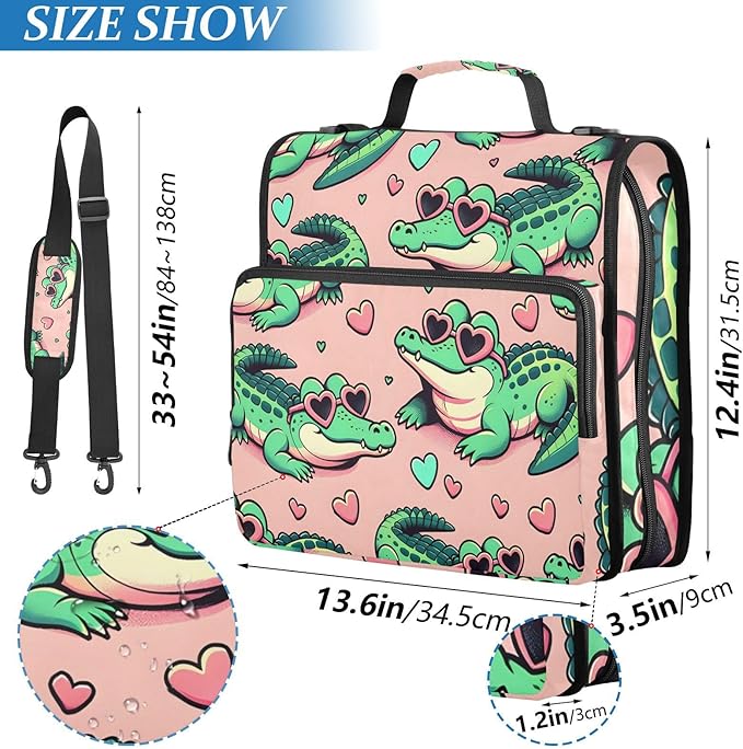 3 Ring Zipper Binder with Shoulder Strap Alligator Crocodiles Pink 1.5 inch Binders Keeper Large Capacity Multi Pockets for School Office Supplies