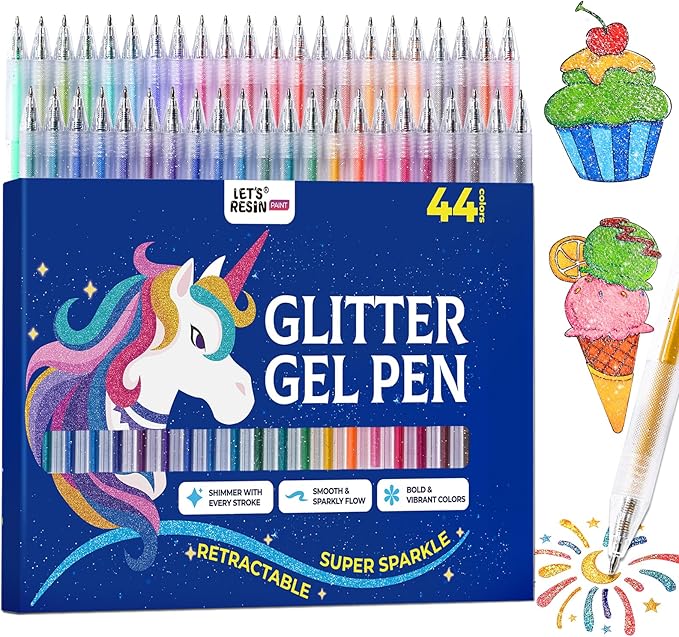 LET'S RESIN PAINT Glitter Gel Pens,44 Metallic Sparkly Colors Glitter Pens，Quick-Drying Gel Ink Pen,Retractable Colored Gel Pen for Adult Coloring Books，Valentine’s Day Gifts,Easter Basket Stuffers